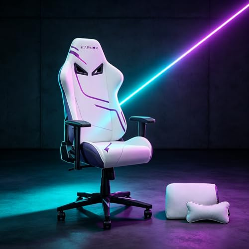 Fahuac Gaming Stuhl Ergonomisch Aus Stoff Mit Fußstütze, Höhenverstellbarer Gaming Sessel Mit Kopfstütze Und Lendenkissen, 155° Verstellbarer Bürostuhl Racing Design (Weiß-Lila)
