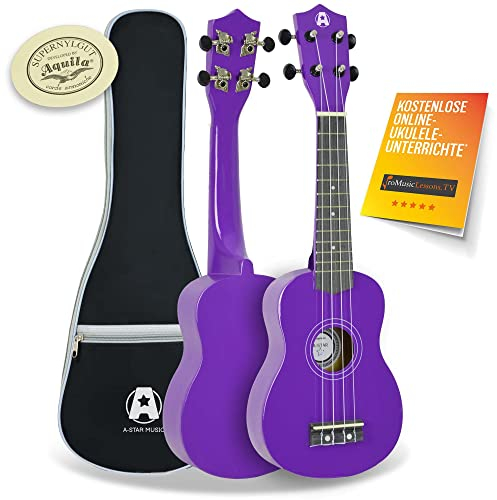 A-Star Sopran-Einsteiger-Ukulele in Lila mit hochwertigen Aquila-Saiten, inklusive gepolsterter Tasche