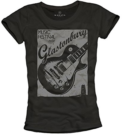 Band T-Shirt mit Gitarre Glastonbury schwarz Damen Größe S M L