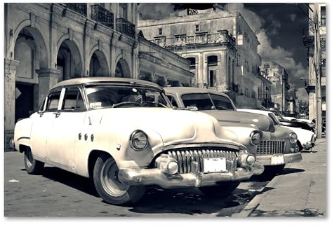 Postereck - 0462 - Oldtimer, Kuba Auto Schwarz Weiss Havanna Vintage - Fahrzeug Wandposter Fotoposter Bilder Wandbild Wandbilder - Poster - DIN A2-42,0 cm x 59,4 cm