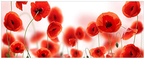 Wallario Glasbild Leuchtende Mohnblumen - Rote Mohnblumenblüten - 50 x 125 cm Wandbilder Glas in Premium-Qualität: Brillante Farben, freischwebende Optik