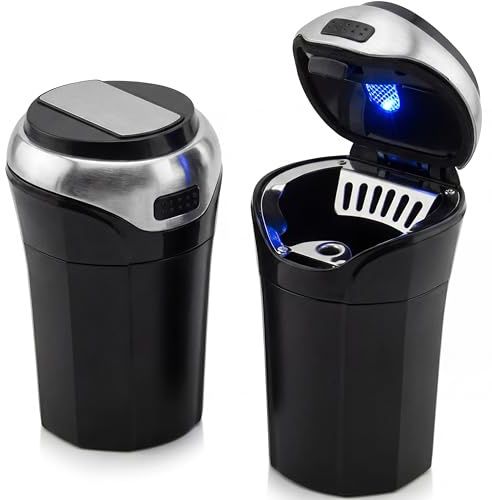 TAKAVU Car Ashtray (1-Pack), Easy Clean Up Detachable Stainless Car Ashtray with Lid Blue Led Light and Removable Lighter for Most Vehicle Cup Holder (Silver)