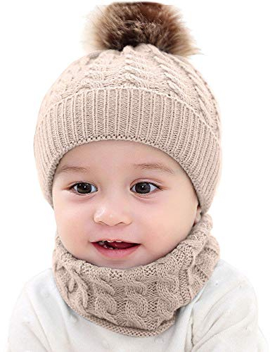 FeiliandaJJ Baby Mütze+Schal Set, Mützen mit Bommel Jungen Mädchen Gestrickte Häkeln Beanie Strickmütze Winter Warme Hut,0~24 Monate (Khaki)
