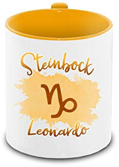 Tasse mit Namen Leonardo und Sternzeichen-Motiv Steinbock im Lettering-Stil | Keramik-Tasse gelb | Astrologie-Geschenk