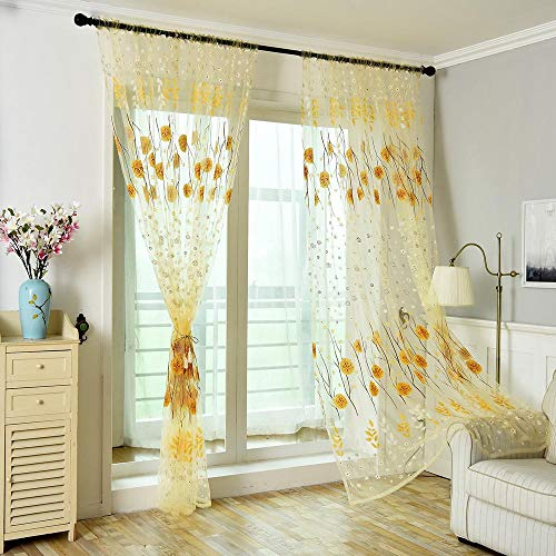 Tonsee Transparent Voile Gardinen Mode Blumen Gedruckt Durchsichtig Vorhänge mit Ösen für Wohnzimmer Schals Schlafzimmer Vorhänge Kinderzimmer Dekoschals Für Große Fenster 1paar,200cm x 100cm (Gelb)