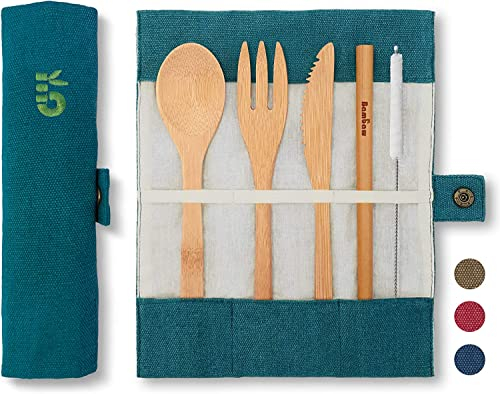 Bamboo Cutlery Set | Eco Travel Set with Carrying Pouch | Plastic Free | Zero Waste | 20 cm | Lagoon | Bambaw