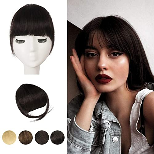 BARSDAR Echthaar Clip in Pony, 100% Echtes Echthaar Clip in Bangs für Frauen - Dunkelbraun Dick Pony Extensions Fringe mit Schläfen Echthaar Pony Haarteile - Dunkelbraun