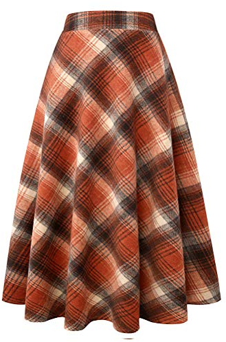 IDEALSANXUN Damen Karierte Wollröcke, elastische Taille, A-Linie, plissiert, Schottenkaro, lange Röcke, Lange Orange, Mittel