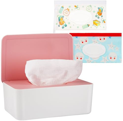Whiidoom Diaper Wipes Dispenser Wipes Holder, Wipes Tissue Case Keeps Wipes Fresh Tissue Wipes Container with Lid (Pink)