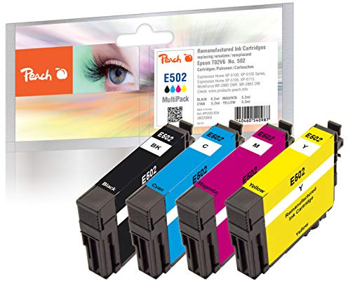 Peach E502 Spar Pack Druckerpatronen (BK, C, M, Y) ersetzt Epson No. 502, C13T02V64010 für z.B. Epson Expression Home XP -5100, Epson Expression Home XP -5105, Epson Workforce WF -2860 DWF