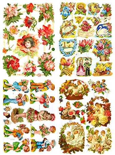 Glanzbilder Kinder mit Blumen Motiv Set aus 4 verschiedenen Oblaten Papierbögen zum Basteln und Verzieren