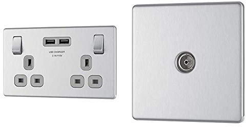 BG Electrical Screwless Flat Plate Double Switched Fast Charging Power Socket with Two USB Charging Ports, 13 A, Brushed Steel & Electrical Screwless Flat Plate Single Co-Axial Socket, Brushed Steel