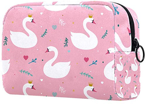 Mädchen Kosmetiktaschen Frauen Make-up Tasche Toilettenartikel Organizer Tasche mit Reißverschluss 7.3x3x5.1 Zoll White Crown Swan Green Leaves Pink