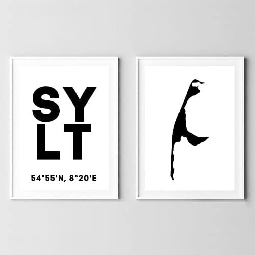 Din A4 Kunstdruck ohne Rahmen 2er Set - Sylt Koordinaten Insel Nordsee Silhouette Druck Poster Bild