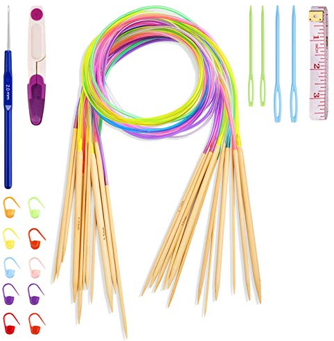 Coopay Bambus Rundstricknadel Set, 18 Stück 80cm Doppelspitzige Stricknadeln Rundstricknadeln mit Strickzubehör und Häkelnadeln, Natur Bambus Rundstricknadeln für Anfänger und Profis, 2,0-10,0 mm