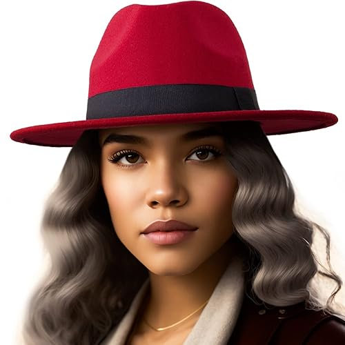 Filzhut mit breiter Krempe für Damen und Herren – mit Zierband und Gürtelschnalle, größenverstellbar, 6 7/8-7 1/4