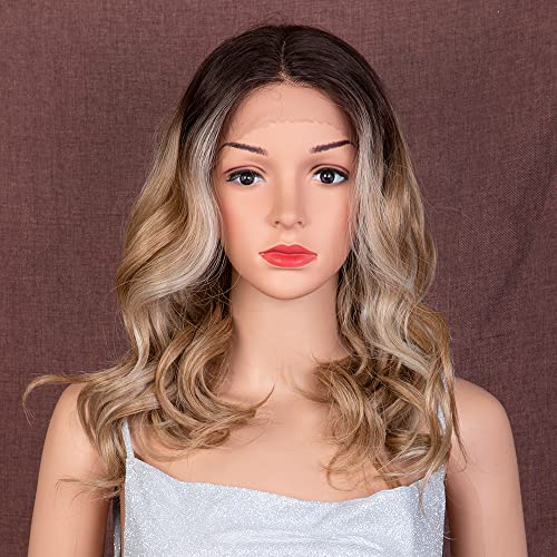 Style Icon Perücke mit Filmansatz 44cm Lace Front Wigs Curly Wellige Perücken für Frauen Mittelscheitel Kunstfaser synthetische Faser 130% Dichte (Blond gemischt)