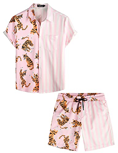 VATPAVE Herren Flamingo Hawaii 2 Teiliges Sets Kurzarm Freizeithemden Strand Outfits Groß Rosa Tiger