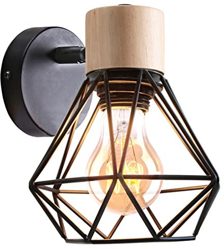 iDEGU Applique Murale Industrielle Design Cage en Métal Lampe Murale Bois Décoration Ajustable Vintage Luminaire Interieur pour Chambre Couloir Salon, 16CM (Style-B Noir 1Pack)