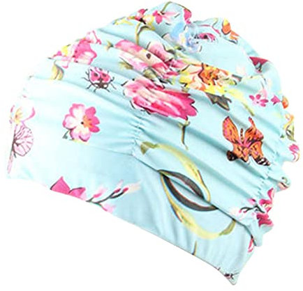 Bonnet de bain imprimé fleur – Bonnet de bain en tissu plissé pour cheveux longs antidérapant pour femme et homme Aldult (papillon-y)