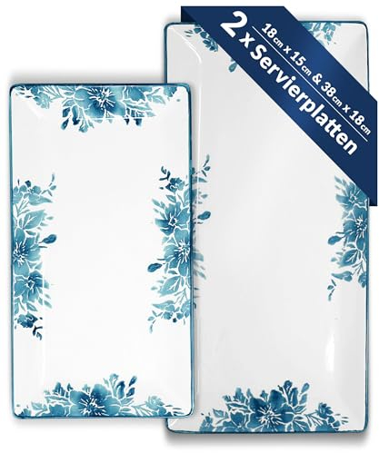 Lashuma Kuchenplatten blau Enzian, 2er Set Speiseteller 28x15 cm - 38x18 cm, Fleischteller eckig