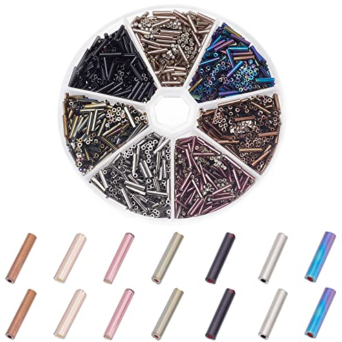 PandaHall 1260pcs 7 Colours Glass Bugle Beads, 9x2mm Bracelet Beads Metallic Seed Bead Waist Bead Spacers for Necklace Waist Chain Jewellery Making Embroidery Beaded Curtain DIY Crafts, Hole 0.5mm