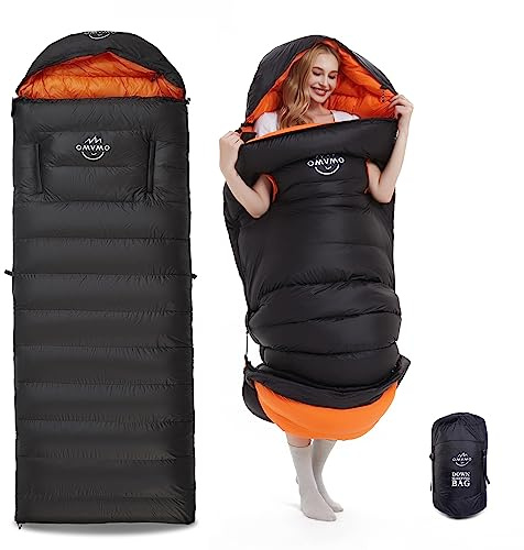 OMVMO 20 Grad F Daunenschlafsack für Erwachsene, ultraleicht und kompakt, tragbar mit Armlöchern, 4-Jahreszeiten-Umschlag-Daunenfaser-Schlafsack für Rucksackreisen und Camping