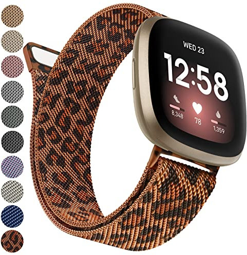 Oumida Armband für Fitbit Versa 3/4 & Sense/Sense 2 - Damen/Herren, Edelstahl Metall Ersatzarmband mit Starker Magnet, Klein Leopard