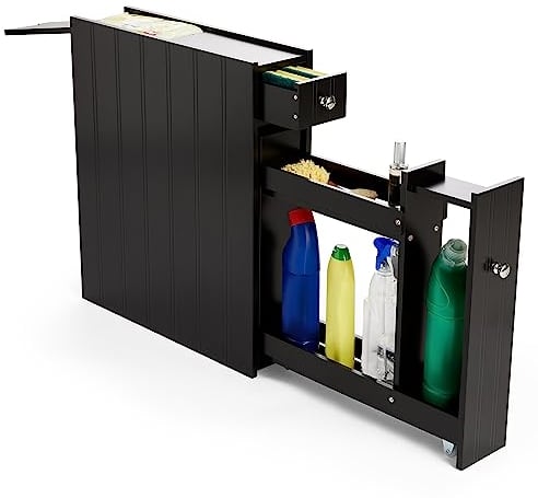 VonHaus Slim Bathroom Storage Unit - Small Black Slimline Bathroom Cabinet, Tongue & Groove - Narrow & Compact Freestanding Organiser - Drawer & Slide Out Shelving - for Laundry, Utility Room
