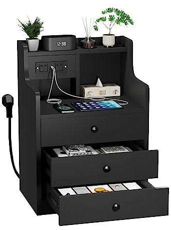 Rcynview Mesita de Noche con Enchufe, Auxiliar de Madera, 3 Cajones, 45 x 35 x 68 cm, Negra