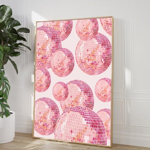 Discokugel-Poster, Dekoration, Hot Pink, adrette, ästhetische Poster, groovige Wandkunstdrucke, trendige, flippige Poster, trendige, ästhetische rosa Bilder, Vintage, Discokugeldruck, 40,6 x 61 cm,