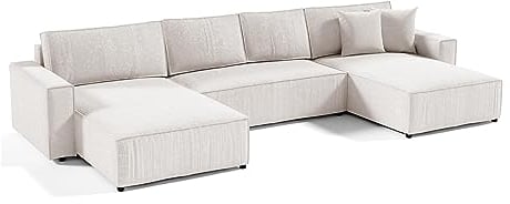 Ecksofa Parys U Eckcouch mit Schlaffunktion und Bettkasten U-Form Polsterecke aus Cord-Bezug 390 cm Ecke u-förmig, Farbe: Beige, Poso 100