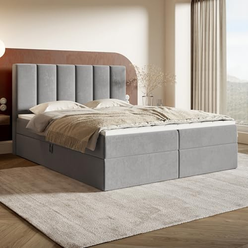 MOTIVENA Santiago Boxspringbett 160x200 Grau Samt, mit Bonellfederkern-Matratze (H4), mit Visco Memory-Foam Topper (H2), Boxspringbett 160x200 mit Bettkasten Grau (Hellgrau)