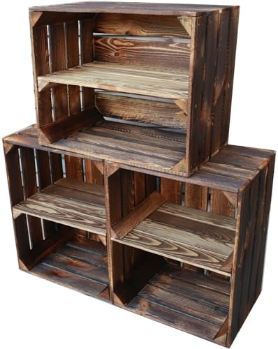Teramico Holzkisten Obstkisten Weinkisten geflammt dunkel 50 x 40 x 30cm in tollen Set-Angeboten als Regal oder zur Aufbewahrung (2 x Kurz + 1 x Lang)