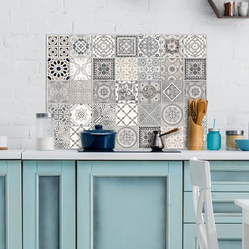 CREARREDA Pannello Paraschizzi Cucina in Alluminio Grey Azulejos 84x60cm facile da applicare Made in Italy Protezione per fornelli e muro. Lavabile e facile da montare. Lastra paraschizzi in metallo