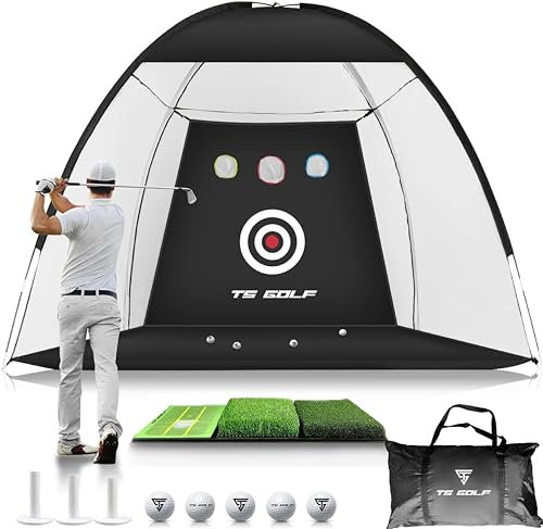 TS Golf- Golf Practice Net - 10x7ft - XL Tri-Turf Golf driving net and Mat, 3 Balls, 3 Rubber Tees, Carry Bag, golf nets for backyard driving