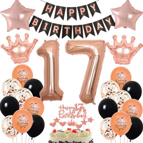 Palloncini Oro Rosa 17 anni Compleanno Ragazza, Palloncini 17 anni Oro Rosa Ragazza, Decorazioni 17 anni compleanno ragazza, 17 anni Palloncini compleanno Oro Rosa nero, Festa 17 anni Oro Rosa