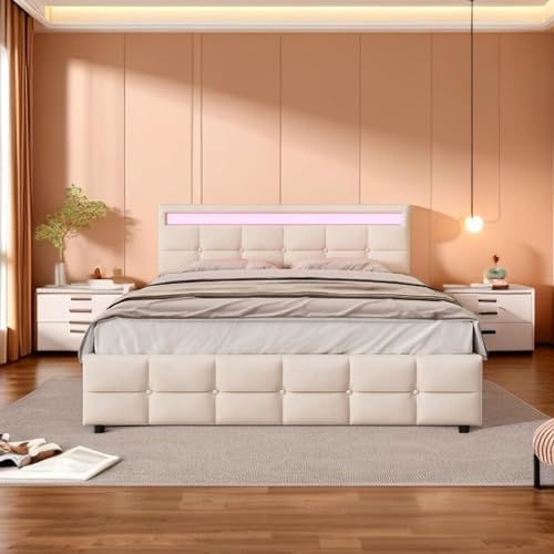Bett 180x200 mit LED und Stauraum, Polsterbett 180x200 cm mit 4 Schubladen und Kopfteil, Doppelbett mit Lattenrost und Rückenlehne, Stauraumbett Jugendbett Familienbett aus Samtstoff mit Bettgestell