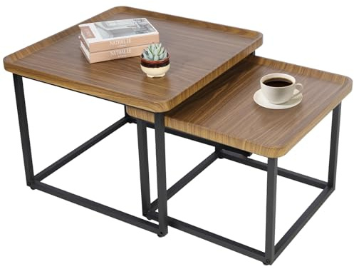 FATIVO Satztisch Holz Couchtisch 2er Set, Wohnzimmertisch Braun Kaffeetisch Stabil Groß Sofatisch Vintage Eckig Beistelltisch fürs Wohnzimmer Klein 50×50cm / Groß 60×60cm