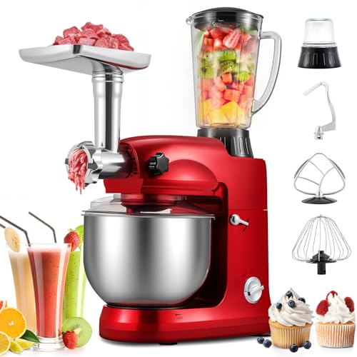 Huanyu 4-in-1 Küchenmaschine 7L Multifunktionale Knetmaschine mit 1,5 Liter Mixer, Fleischwolf und Mini-Kaffeebohnenmühle Universal Küchenmaschine für die meisten Hausmannskost (Rot)