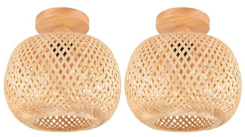 LIGKIN 2 Stücke Deckenleuchte Bambus Weben Kronleuchter Rattan Boho Style Bambus Lampenschirm Vintage Deckenlampe Deko Deckenleuchte für Restaurant Wohnzimmer Küche, Ø25cm