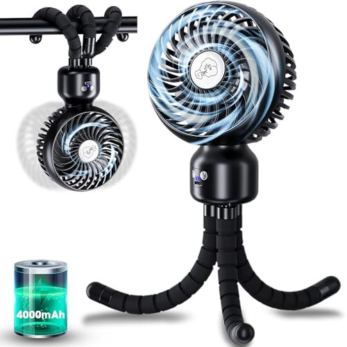Upgraded Clip-on Stroller Fan | 4000mAh Battery Powered Rechargeable Portable Mini Pram Table Fan | 3 Speed, Auto Oscillating, Flexible Tripod Handheld Clamp Fan for Pushchairs Car Office Camping
