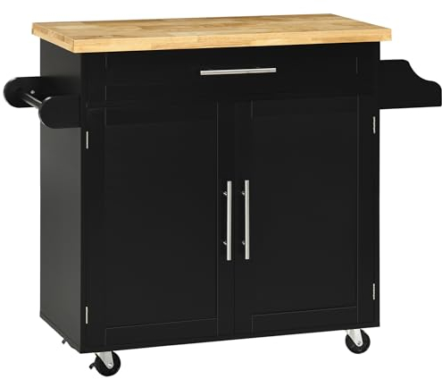 HOMCOM Küchenwagen Servierwagen mit Arbeitsplatte Küchentrolley mit Gewürzregal, Handtuchhalter für Wohnzimmer Esszimmer Schwarz 109 x 40 x 89 cm