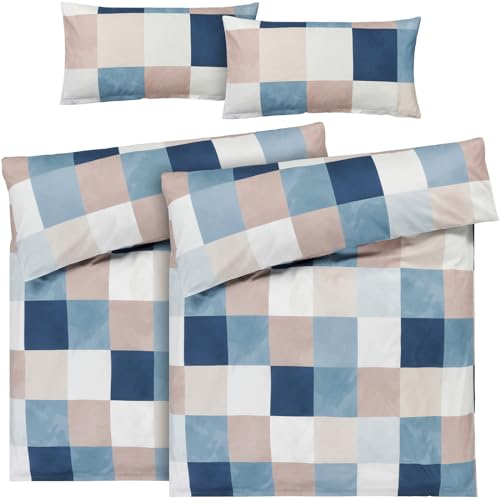 Pure Label Karierte Bettwäsche 4teilig 155x220 cm mit einem 2er Set Kissenbezüge 40x80 cm - Traumhaft weiches Bettwäsche-Sets 155 x 220 cm in blau aus 100% Baumwolle mit YKK Reißverschluss