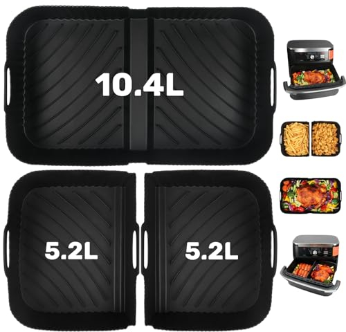 YQL Airfryer Silicone Liners for Ninja Foodi Flexdrawer Dual Air Fryer 10.4L AF500UK, Large Silicone Air Fryer Liner (10.4L) and Ninja Dual Air Fryer Liners (2x5.2L), Ninja AF500UK Accessories- Black