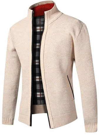 Homme Automne-Hiver Slim-Fit Confortable-Casual Cardigans-Veste - Ouvrez-Front Zippé Couleurs Unie Gilet Léger Chandail Traditionnelle Tricoté Chaud pour Homme avec Poche et Col Droit Beige XS