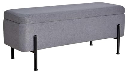 Home Source Linen Fabric Storage Ottoman Blanket Box, Black Metal Legs, Grey