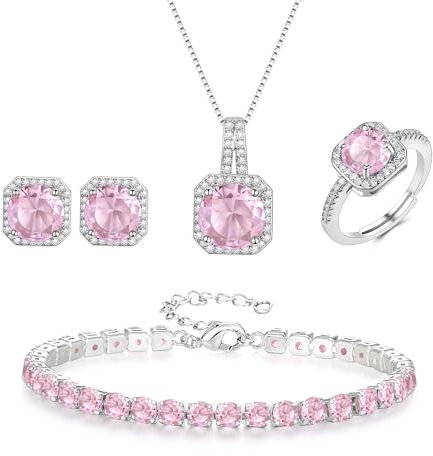EVER FAITH Hochzeit Quadrat Cubic Zirkonia Schmuck Sets für Braut Brautjungfer, Glamour Anhänger Halskette Ohrringe Tennis Armband Offene Ring für Damen Rosa