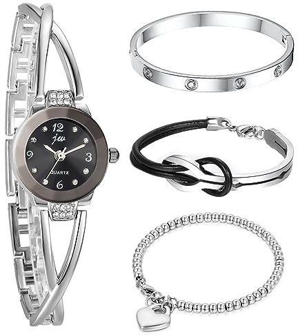 OIDEA 4pcs Damenuhr Armreif Set: Damen Analog Quarz Uhr Metallarmband Strass Zahlen Zifferblatt Silber mit Infinity Leder Edelstahl Armband Herz Perlenarmband Zirkonia Geschenk für Frauen