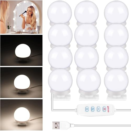 Xrten Hollywood-Stil Dimmbar Schminklicht,Led Spiegelleuchte Dimmbar,12 Led Dimmbar Spiegel Beleuchtung, Make Up Licht mit 3 Farbmodi 10 Helligkeiten Schminkleuchte Geburtstagsgeschenk für Frauen